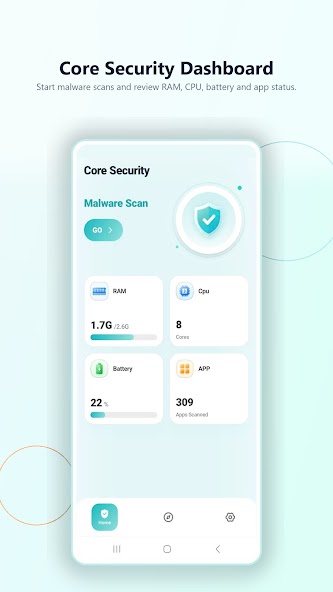 Core Security dashboard with malware scan, RAM, CPU, battery, and app status